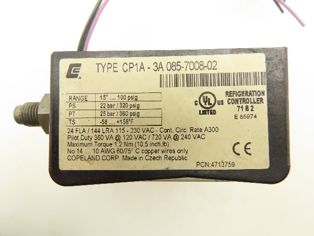 Copeland CP1A-3A Low Pressure Switch Refrigeration Controller 100 psi 24A