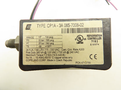 Copeland CP1A-3A Low Pressure Switch Refrigeration Controller 100 psi 24A