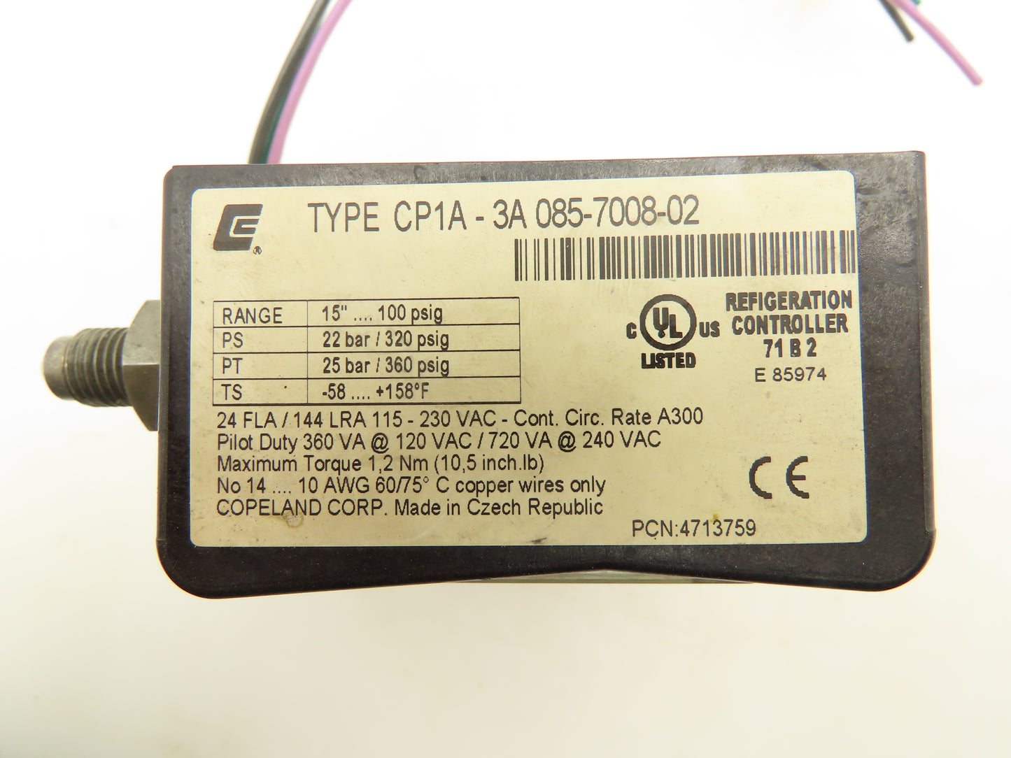 Copeland CP1A-3A Low Pressure Switch Refrigeration Controller 100 psi 24A