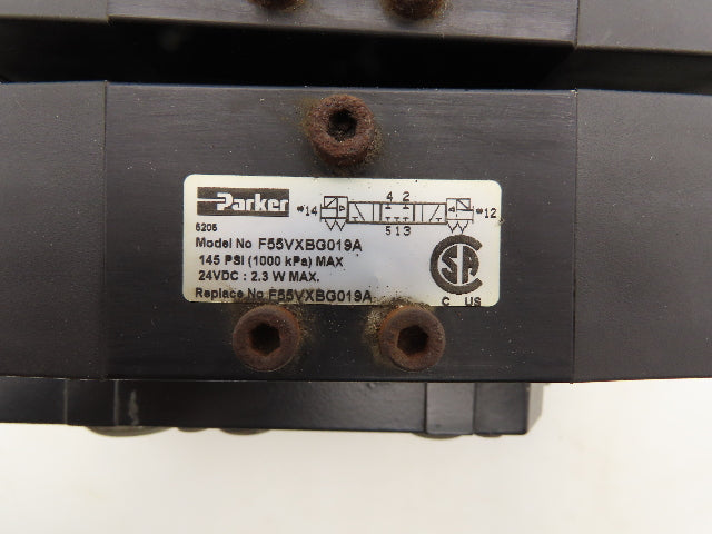 Parker F55VXBG019A Pneumatic Manifold 3 Valve Assembly 24VDC 2.3W 145 PSI