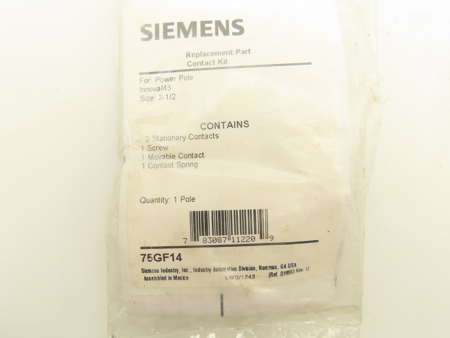 Siemens 75GF14 Contact Kit NEMA Size 2-1/2" Replacement Part