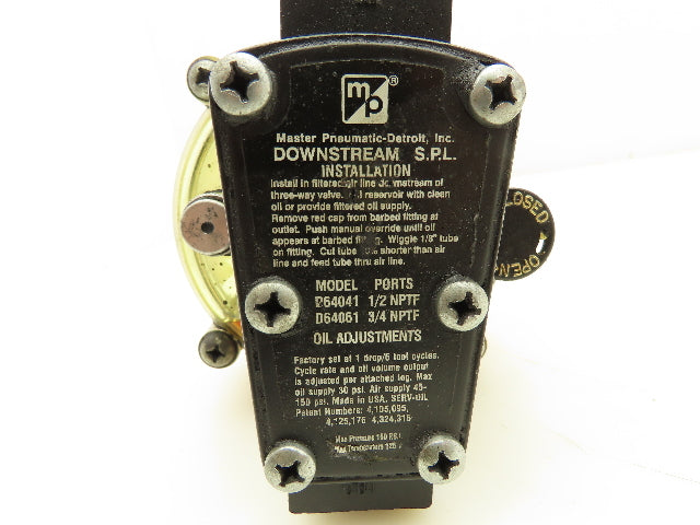 Master Pneumatics D64041 Downstream SPL Pneumatic Lubricator And Filter 1/4" NPT