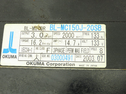 Okuma BL-MC150J-20SB AC Servo Motor 3kW 2000 RPM 133V 3PH Encoder ER-JF-7200D