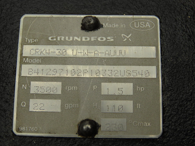 Grundfos CRK4-30 UWA-AUUV Immersion Coolant Pump 22GPM Baldor 1.5Hp 230/460V 3PH
