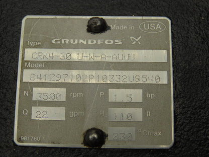 Grundfos CRK4-30 UWA-AUUV Immersion Coolant Pump 22GPM Baldor 1.5Hp 230/460V 3PH