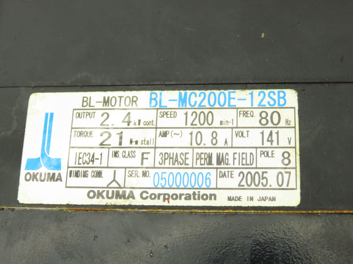Okuma BL-MC200E-12SB AC Servo Motor 2.4kW 1200 RPM 141V 3PH Encoder ER-FC-2048D