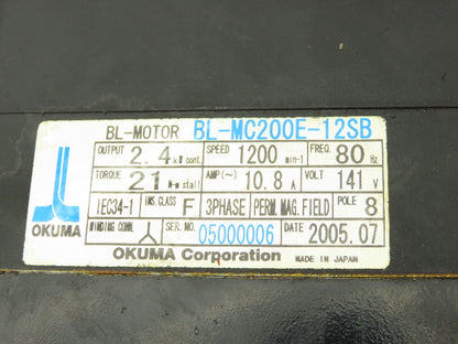 Okuma BL-MC200E-12SB AC Servo Motor 2.4kW 1200 RPM 141V 3PH Encoder ER-FC-2048D
