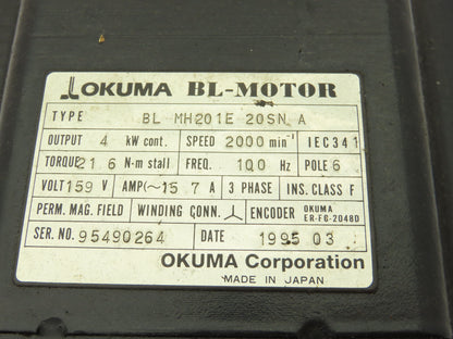 Okuma BL-MH201E-20SN-A AC Servo Motor 4kW 2000 RPM 159V 3PH Encoder ER-FC-2048D