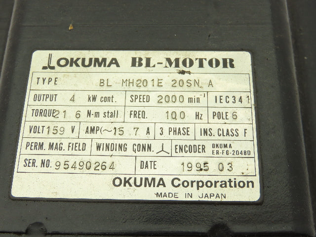Okuma BL-MH201E-20SN-A AC Servo Motor 4kW 2000 RPM 159V 3PH Encoder ER-FC-2048D