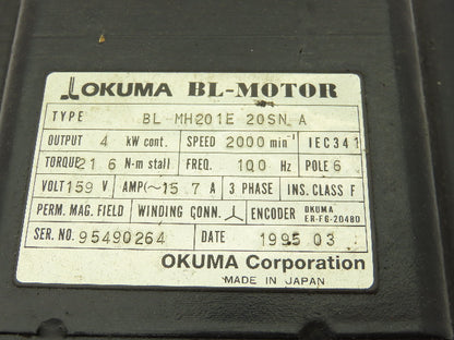 Okuma BL-MH201E-20SN-A AC Servo Motor 4kW 2000 RPM 159V 3PH Encoder ER-FC-2048D
