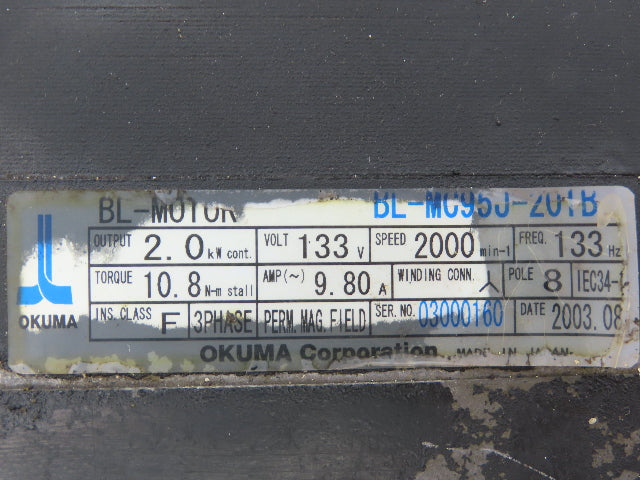Okuma BL-MC95J-201B AC Servo Motor 2kW 2000 RPM 133V 3PH Encoder ER-JF-7200D