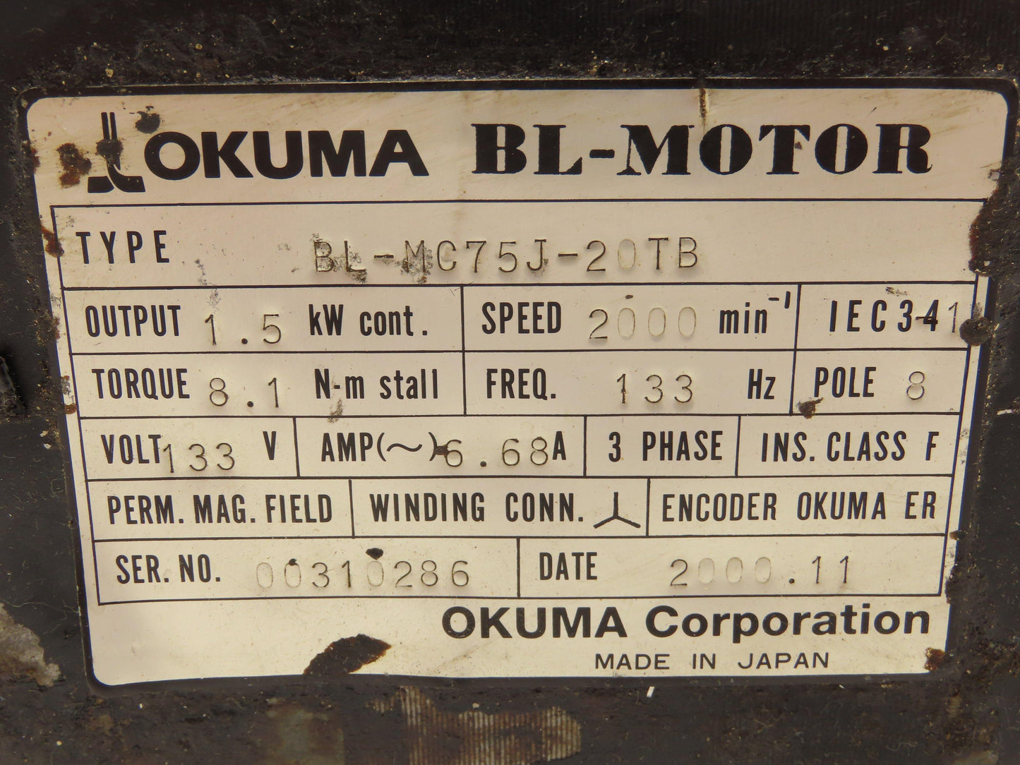 Okuma BL-MC75J-20TB AC Servo Motor 1.5kW 2000 RPM 3PH 133V Encoder ER-J-7200D