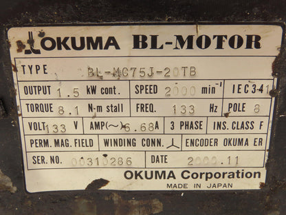 Okuma BL-MC75J-20TB AC Servo Motor 1.5kW 2000 RPM 3PH 133V Encoder ER-J-7200D