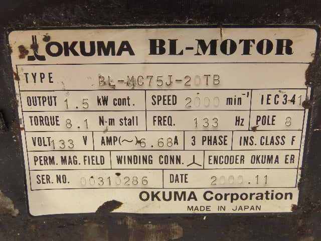 Okuma BL-MC75J-20TB AC Servo Motor 1.5kW 2000 RPM 3PH 133V Encoder ER-J-7200D