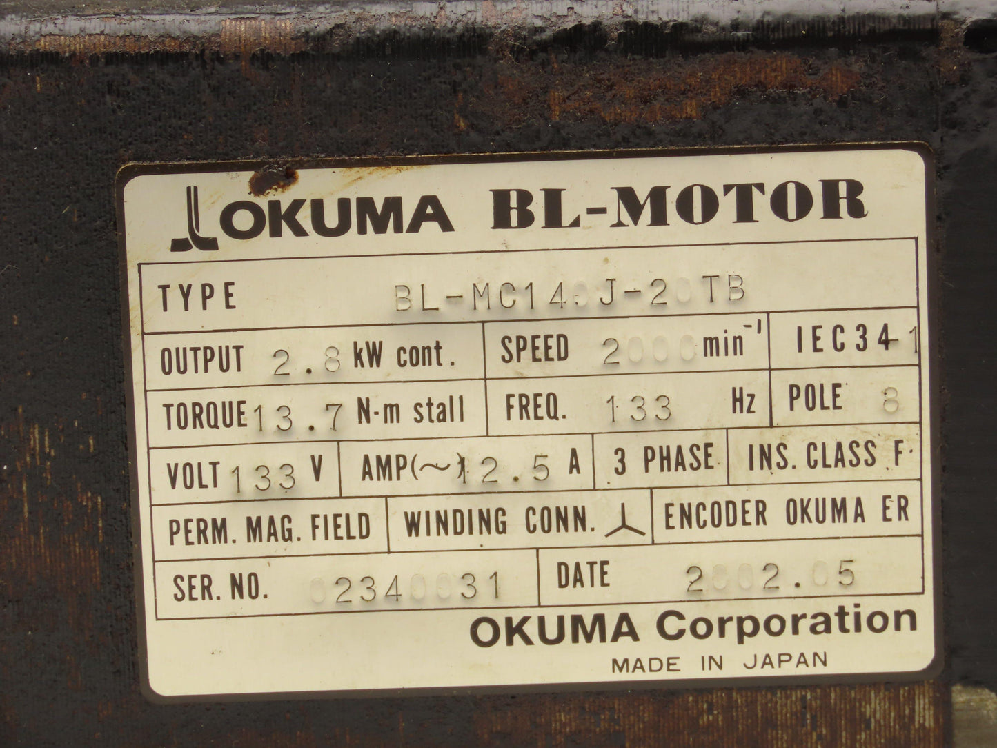 Okuma BL-MC140J-20TB AC Servo Motor 2.8kW 133V 2000 RPM 3PH Encoder ER-J-7200D
