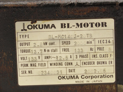 Okuma BL-MC140J-20TB AC Servo Motor 2.8kW 133V 2000 RPM 3PH Encoder ER-J-7200D