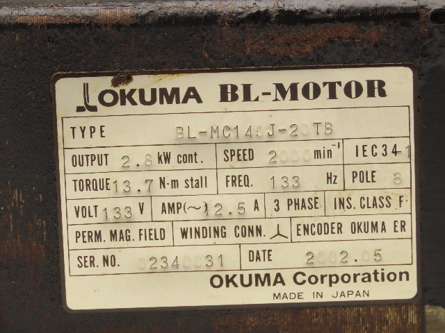 Okuma BL-MC140J-20TB AC Servo Motor 2.8kW 133V 2000 RPM 3PH Encoder ER-J-7200D