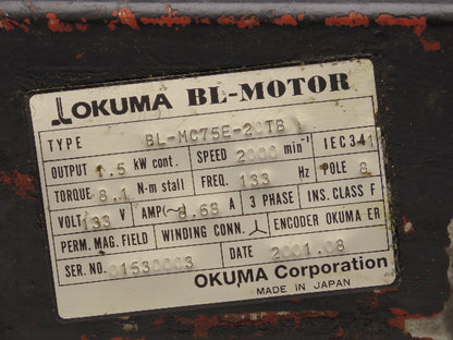 Okuma BL-MC75E-20TB AC Servo Motor 1.5kW 133V 2000 RPM 3PH Encoder ER-FC-2048D