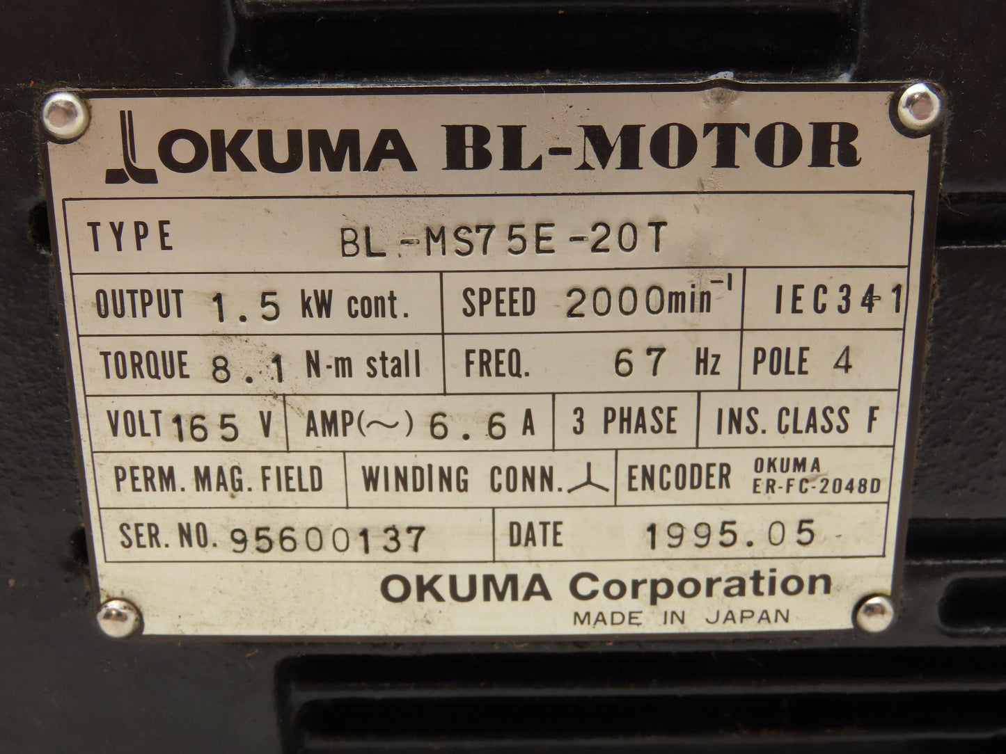 Okuma BL-MS75E-20T AC Servo Motor 1.5kW 165V 2000 Rpm 4P Encoder ER-FC-2048D