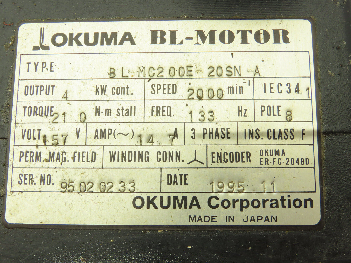 Okuma BL-MC200E-20SN-A AC Servo Motor 4kW 2000 RPM 157V 3PH Encoder ER-FC-2048D