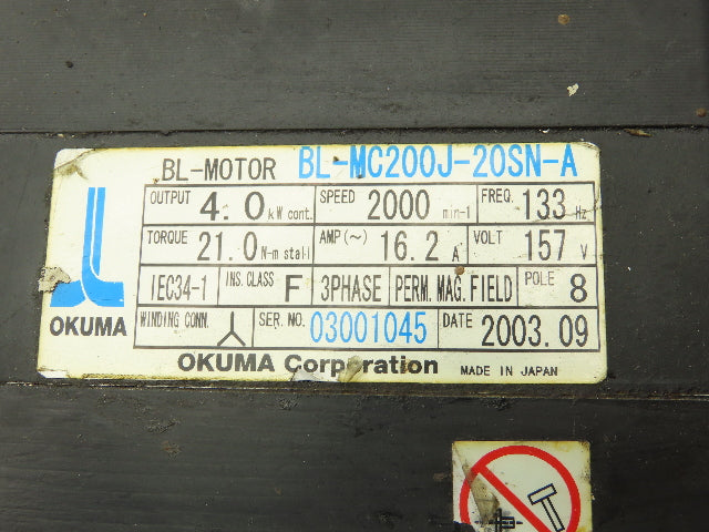 Okuma BL-MC200J-20SN-A AC Servo Motor 4kW 2000 RPM 3PH 157V Encoder ER-JF-7200D