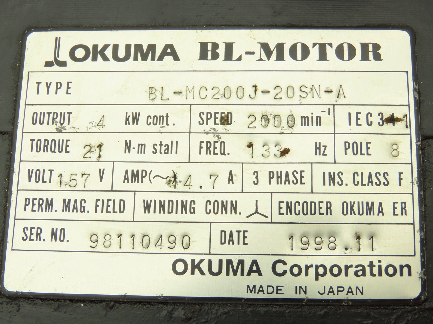 Okuma BL-MC200J-20SN-A AC Servo Motor 4kW 2000 Rpm 157V 3PH Encoder ER-J-7200D