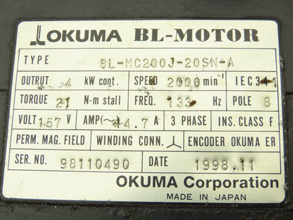 Okuma BL-MC200J-20SN-A AC Servo Motor 4kW 2000 Rpm 157V 3PH Encoder ER-J-7200D