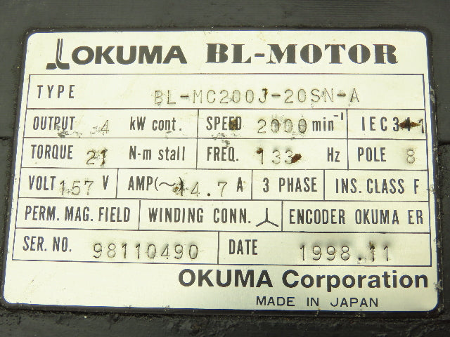 Okuma BL-MC200J-20SN-A AC Servo Motor 4kW 2000 Rpm 157V 3PH Encoder ER-J-7200D