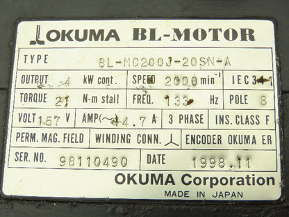 Okuma BL-MC200J-20SN-A AC Servo Motor 4kW 2000 Rpm 157V 3PH Encoder ER-J-7200D