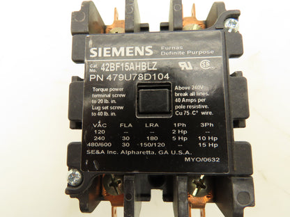 Siemens 42BF15AHBLZ Furnas Definite Purpose Contactor 2 Pole 30A 600V 480V Coil