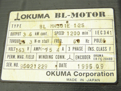 Okuma BL-MH301E-12S Servo Motor 3.6KW 6P 1200RPM 163V 3PH Encoder ER-FC-2048D