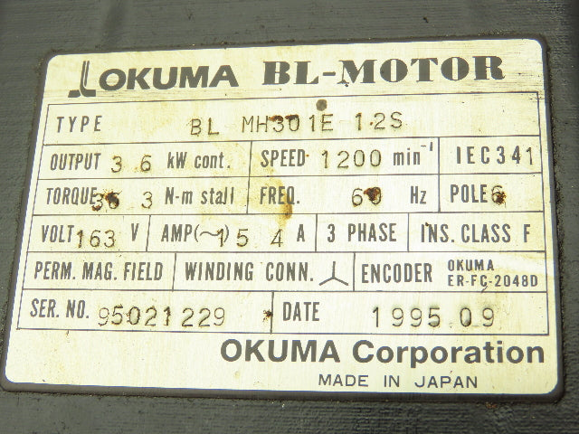 Okuma BL-MH301E-12S Servo Motor 3.6KW 6P 1200RPM 163V 3PH Encoder ER-FC-2048D