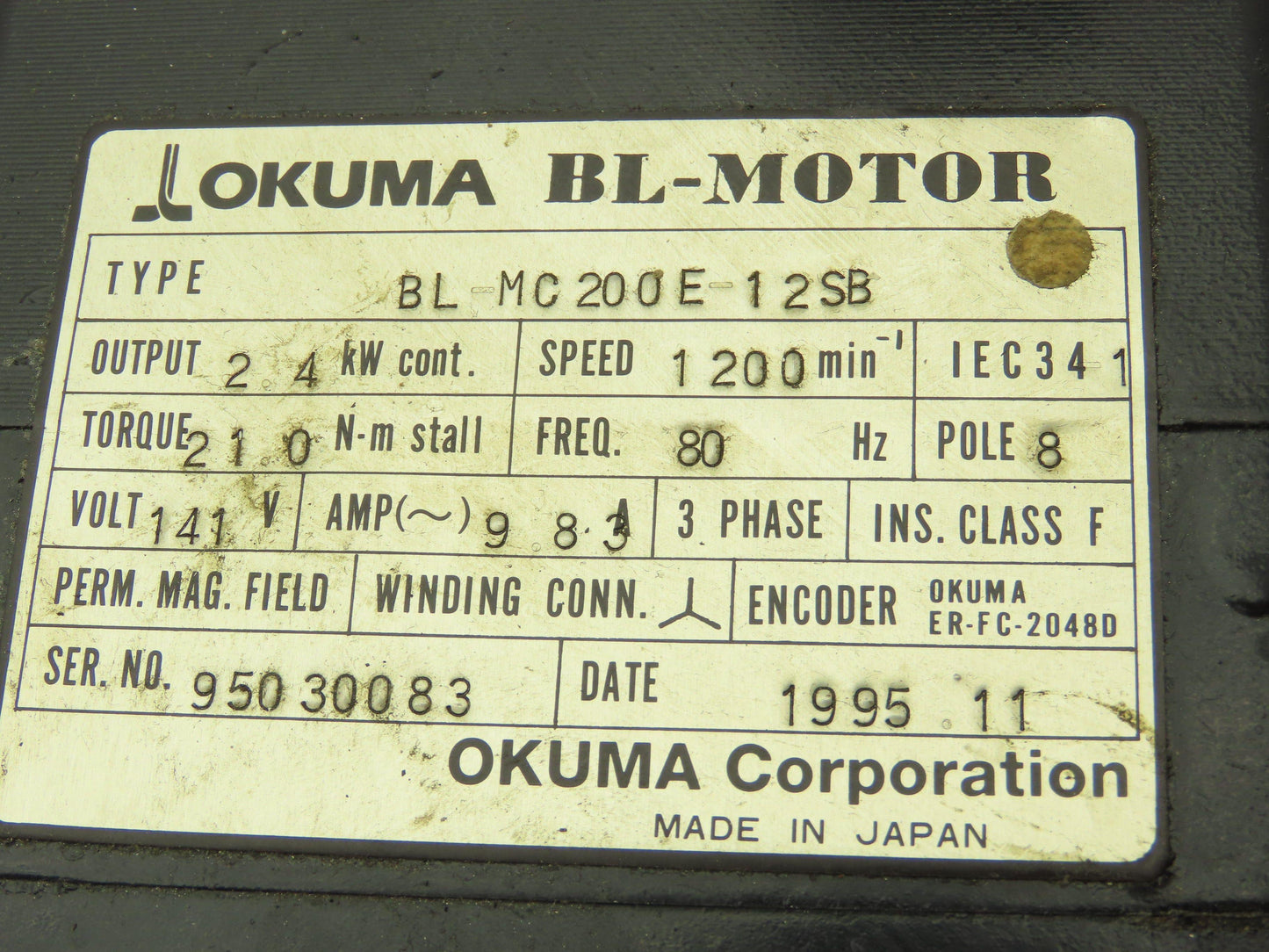 Okuma BL-MC200E-12SB Servo Motor 2.4KW 8P 1200RPM 141V 3PH Encoder ER-FC-2048D