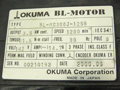 Okuma BL-MC300J-12SB Servo Motor 3.6KW 8P 1200RPM 141V 3PH Encoder ER-J7200D