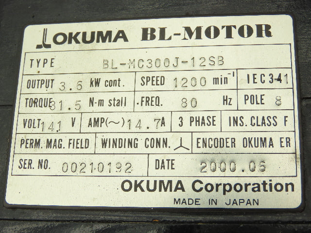 Okuma BL-MC300J-12SB Servo Motor 3.6KW 8P 1200RPM 141V 3PH Encoder ER-J7200D