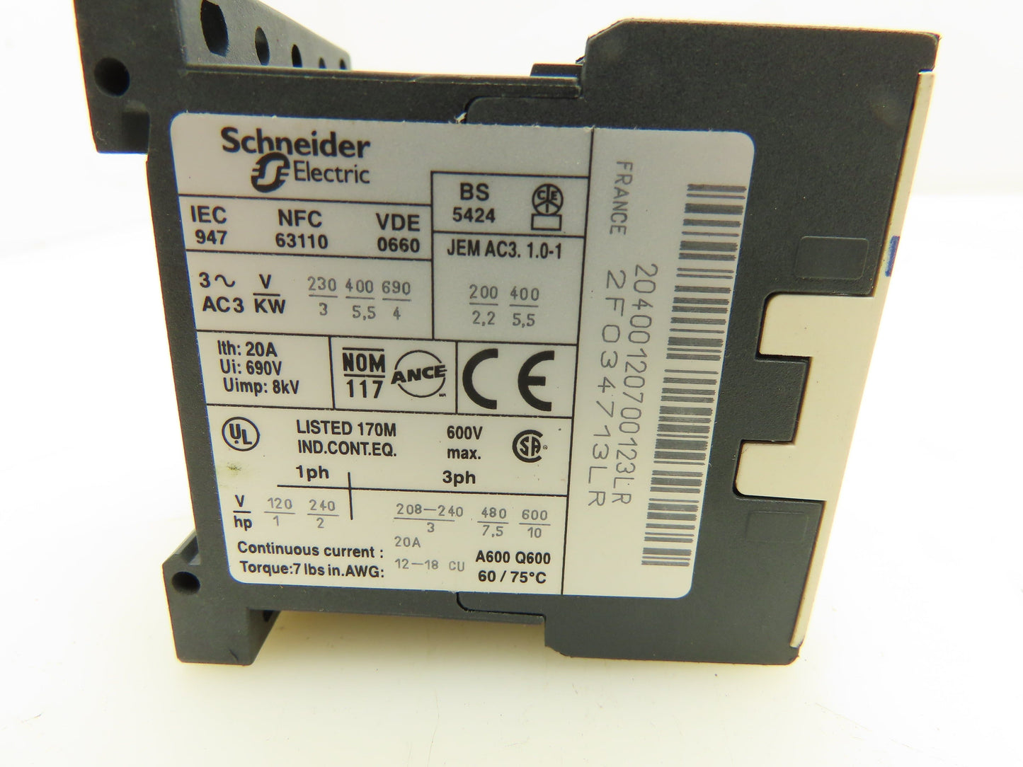 Schneider Electric LC1K12004G7 Motor Starter IEC Contactor 20A 690V 120V Coil