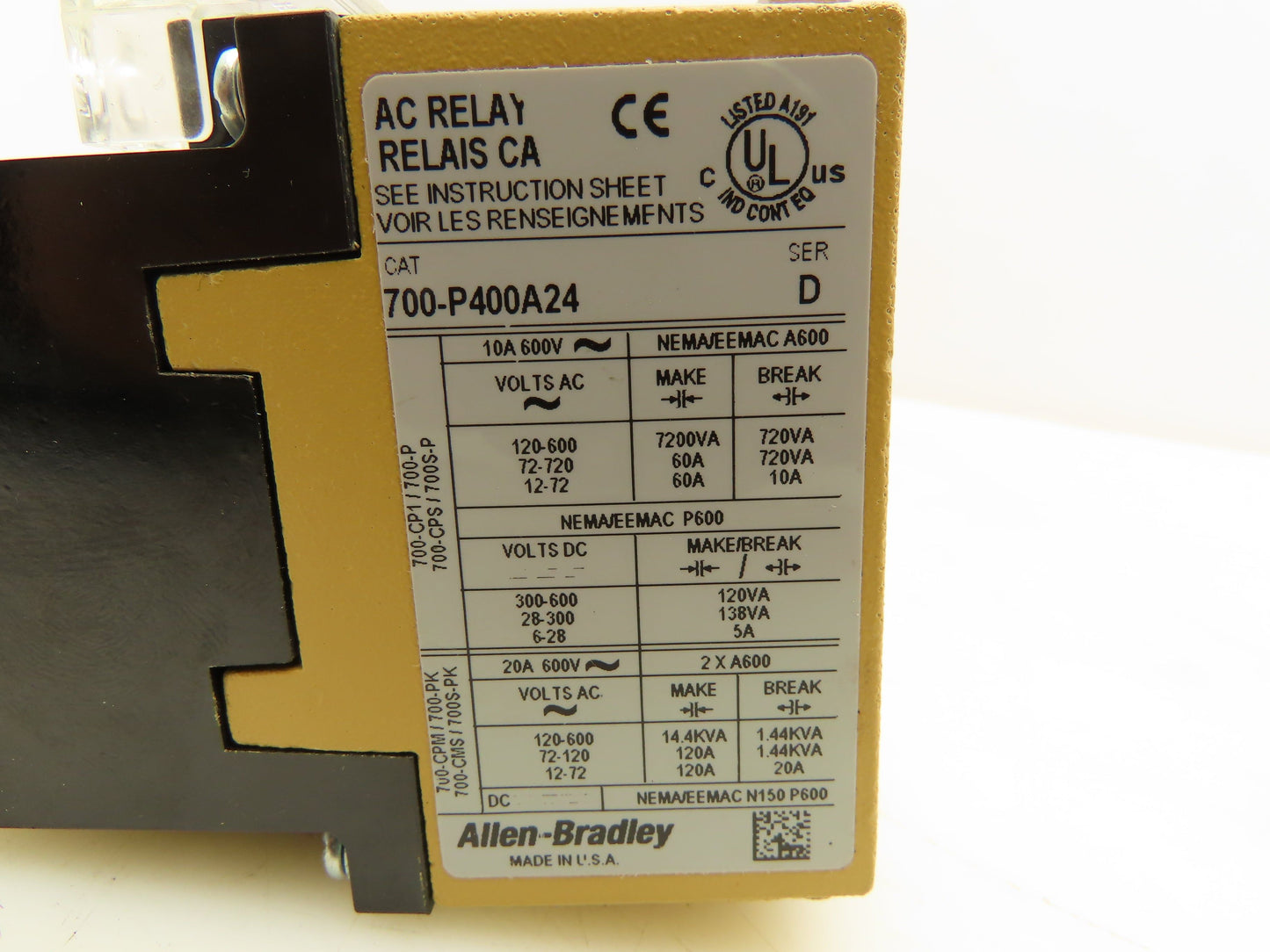 Allen Bradley 700-P400A24 Direct Drive AC Control Relay 4 Pole 24VAC Coil