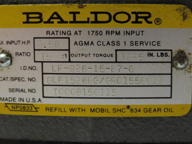 Baldor VM3558T Gearmotor 2HP 15:1 Reducer 115 RPM LH 1225"lbs 145TC 460V 3PH