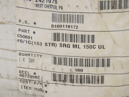 Omni Cable C50601 SRML 6/1C High Temperature Wire 6 Awg 150°C 600V Black 500'