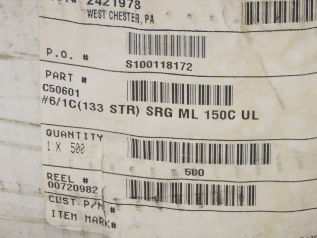 Omni Cable C50601 SRML 6/1C High Temperature Wire 6 Awg 150°C 600V Black 500'