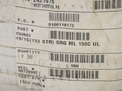 Omni Cable C50601 SRML 6/1C High Temperature Wire 6 Awg 150°C 600V Black 500'