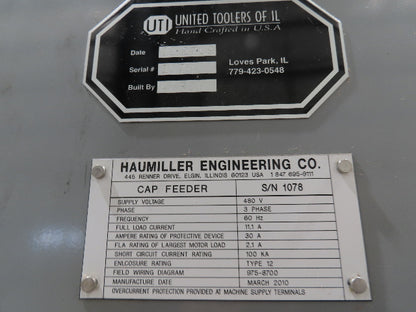 Haumiller Bottle Cap Bowl Feeder with Feed Hopper Elevator Conveyor 480V