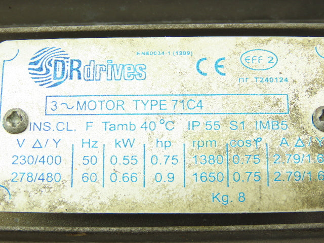 DR Drives TYPE 71C4 Gear Motor 0.55 KW 80:1 Variable Reducer 3PH IMB5