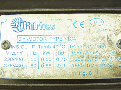 DR Drives TYPE 71C4 Gear Motor 0.55 KW 80:1 Variable Reducer 3PH IMB5