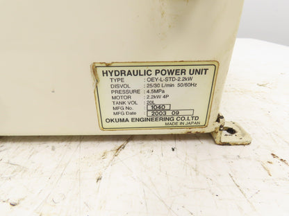 Okuma OEY-L-STD-2.2KW CNC Lathe Hydraulic Power Unit 30L/Min UNI Pump 20L Tank
