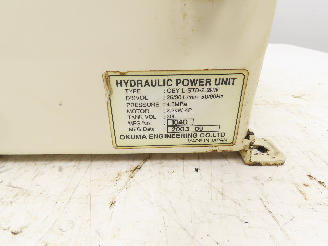 Okuma OEY-L-STD-2.2KW CNC Lathe Hydraulic Power Unit 30L/Min UNI Pump 20L Tank