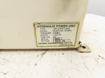 Okuma OEY-L-STD-2.2KW CNC Lathe Hydraulic Power Unit 30L/Min UNI Pump 20L Tank