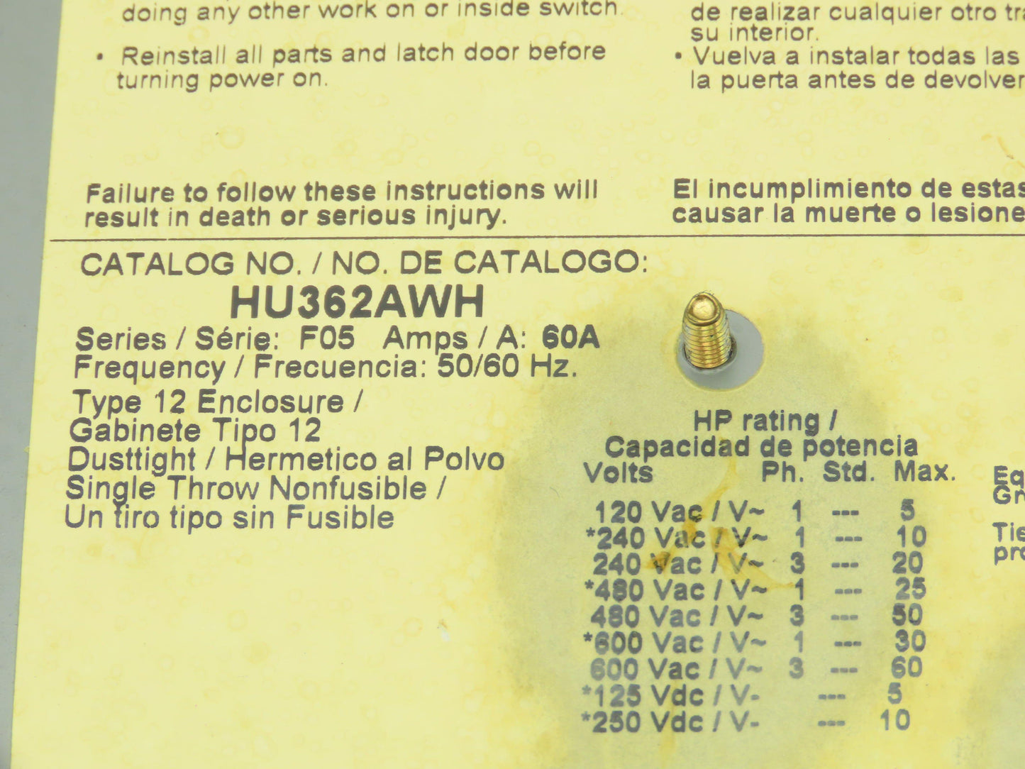Square D HU362AWH Non-Fusible Safety Disconnect Switch 60A 60HP 600V Nema 12