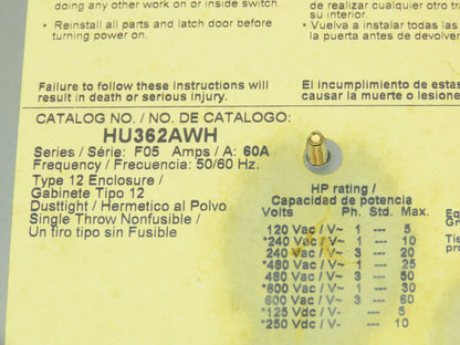 Square D HU362AWH Non-Fusible Safety Disconnect Switch 60A 60HP 600V Nema 12