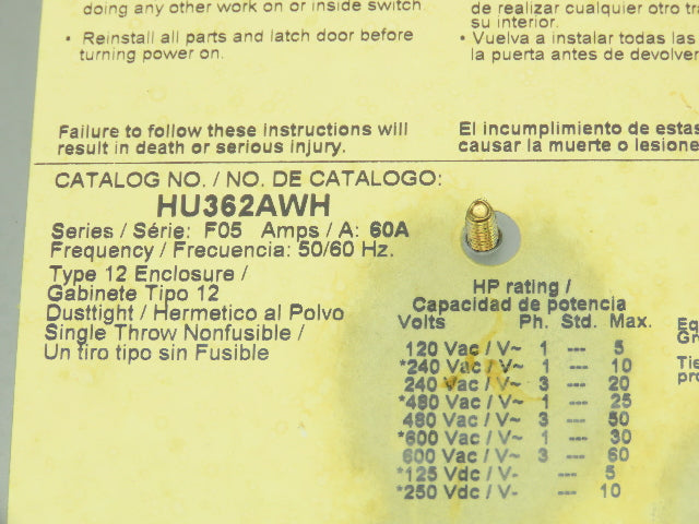 Square D HU362AWH Non-Fusible Safety Disconnect Switch 60A 60HP 600V Nema 12